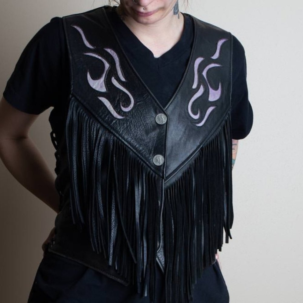 Leather Biker punk vest - flames and fringe - M